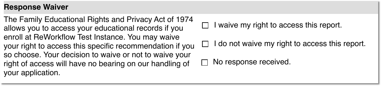 A screenshot of part of a PDF showing three check-boxes next to a legal waiver. The check-boxes indicate if the respondant has chosen to waive, not waive, or not responded to the waiver.