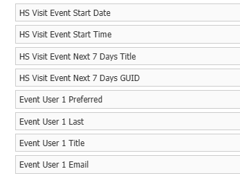 A zoomed in view of Slate Query Builder's exports, highlighting an array of standard exports added: Event Start Date, Event Start Time, Event Title, Event GUID, Event User Preferred, Event User Last, Event User Title, Event User Email