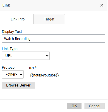 Screenshot of the Edit Link popup in Deliver, highlighting use of the <other> Protocol (link type) and inserting the appropriate merge field {{notes-youtube}} into the URL field