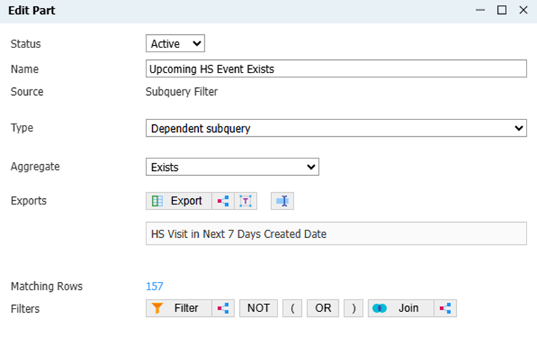 Slate Query Popup for Exists Subquery, displaying only the "HS Visit Created Date" under the "Exports" section of the subquery builder.