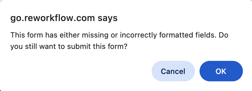 Dialog shown when submitting internal registration with errors